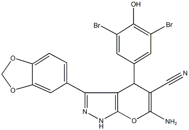 6-amino-3-(1,3-benzodioxol-5-yl)-4-(3,5-dibromo-4-hydroxyphenyl)-1,4-dihydropyrano[2,3-c]pyrazole-5-carbonitrile Struktur