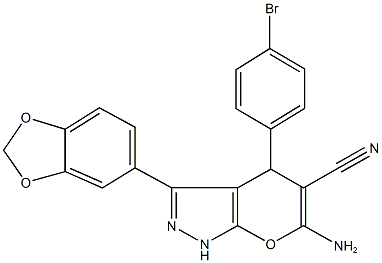 6-amino-3-(1,3-benzodioxol-5-yl)-4-(4-bromophenyl)-1,4-dihydropyrano[2,3-c]pyrazole-5-carbonitrile Struktur