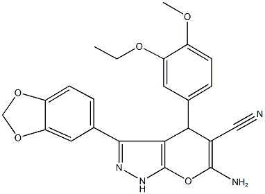 6-amino-3-(1,3-benzodioxol-5-yl)-4-(3-ethoxy-4-methoxyphenyl)-1,4-dihydropyrano[2,3-c]pyrazole-5-carbonitrile Struktur