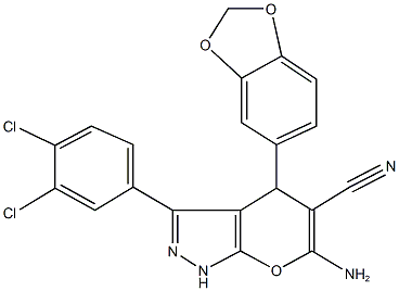 6-amino-4-(1,3-benzodioxol-5-yl)-3-(3,4-dichlorophenyl)-1,4-dihydropyrano[2,3-c]pyrazole-5-carbonitrile Struktur