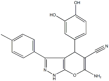 6-amino-4-(3,4-dihydroxyphenyl)-3-(4-methylphenyl)-1,4-dihydropyrano[2,3-c]pyrazole-5-carbonitrile Struktur