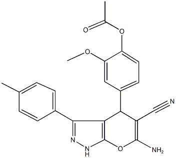 4-[6-amino-5-cyano-3-(4-methylphenyl)-1,4-dihydropyrano[2,3-c]pyrazol-4-yl]-2-methoxyphenyl acetate Struktur