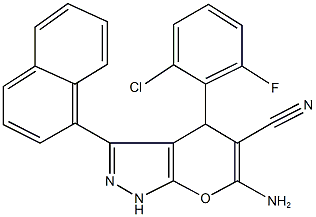 6-amino-4-(2-chloro-6-fluorophenyl)-3-(1-naphthyl)-1,4-dihydropyrano[2,3-c]pyrazole-5-carbonitrile Struktur