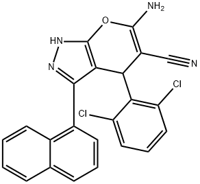 6-amino-4-(2,6-dichlorophenyl)-3-(1-naphthyl)-1,4-dihydropyrano[2,3-c]pyrazole-5-carbonitrile Struktur