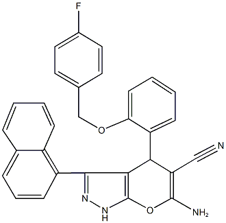 6-amino-4-{2-[(4-fluorobenzyl)oxy]phenyl}-3-(1-naphthyl)-1,4-dihydropyrano[2,3-c]pyrazole-5-carbonitrile Struktur