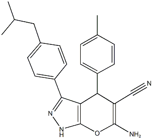 6-amino-3-(4-isobutylphenyl)-4-(4-methylphenyl)-1,4-dihydropyrano[2,3-c]pyrazole-5-carbonitrile Struktur