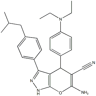 6-amino-4-[4-(diethylamino)phenyl]-3-(4-isobutylphenyl)-1,4-dihydropyrano[2,3-c]pyrazole-5-carbonitrile Struktur