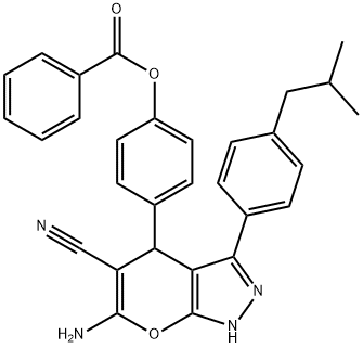 4-[6-amino-5-cyano-3-(4-isobutylphenyl)-1,4-dihydropyrano[2,3-c]pyrazol-4-yl]phenyl benzoate Struktur