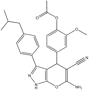 4-[6-amino-5-cyano-3-(4-isobutylphenyl)-1,4-dihydropyrano[2,3-c]pyrazol-4-yl]-2-methoxyphenyl acetate Struktur