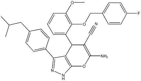 6-amino-4-{2-[(4-fluorobenzyl)oxy]-3-methoxyphenyl}-3-(4-isobutylphenyl)-1,4-dihydropyrano[2,3-c]pyrazole-5-carbonitrile Struktur