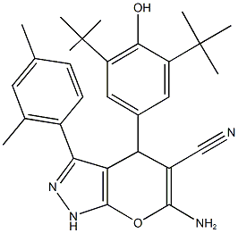 6-amino-4-(3,5-ditert-butyl-4-hydroxyphenyl)-3-(2,4-dimethylphenyl)-1,4-dihydropyrano[2,3-c]pyrazole-5-carbonitrile Struktur