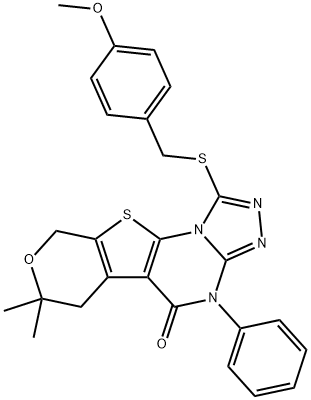 1-[(4-methoxybenzyl)sulfanyl]-7,7-dimethyl-4-phenyl-6,9-dihydro-7H-pyrano[4',3':4,5]thieno[3,2-e][1,2,4]triazolo[4,3-a]pyrimidin-5(4H)-one Struktur