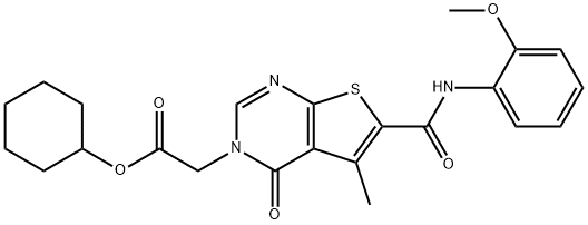 cyclohexyl (6-[(2-methoxyanilino)carbonyl]-5-methyl-4-oxothieno[2,3-d]pyrimidin-3(4H)-yl)acetate Struktur