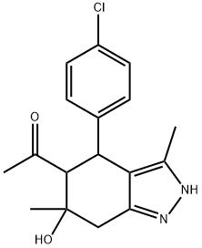 1-[4-(4-chlorophenyl)-6-hydroxy-3,6-dimethyl-4,5,6,7-tetrahydro-2H-indazol-5-yl]ethanone Struktur