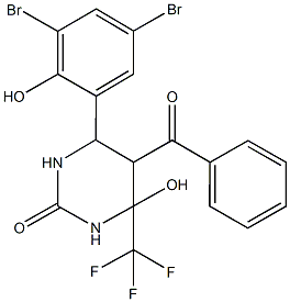 5-benzoyl-6-(3,5-dibromo-2-hydroxyphenyl)-4-hydroxy-4-(trifluoromethyl)tetrahydropyrimidin-2(1H)-one Struktur