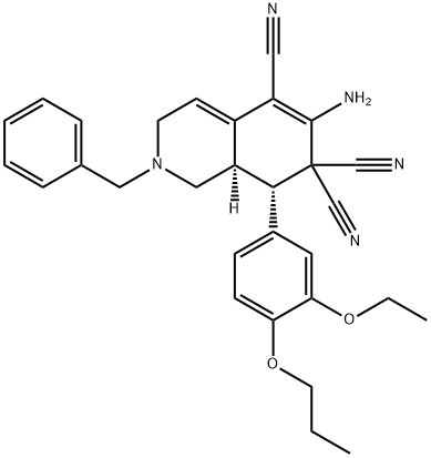 6-amino-2-benzyl-8-(3-ethoxy-4-propoxyphenyl)-2,3,8,8a-tetrahydro-5,7,7(1H)-isoquinolinetricarbonitrile Struktur