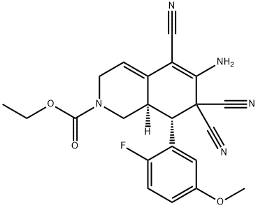 ethyl 6-amino-5,7,7-tricyano-8-(2-fluoro-5-methoxyphenyl)-3,7,8,8a-tetrahydro-2(1H)-isoquinolinecarboxylate Struktur