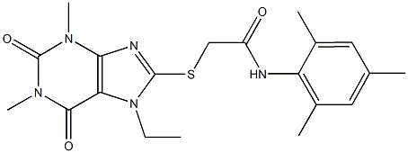 2-[(7-ethyl-1,3-dimethyl-2,6-dioxo-2,3,6,7-tetrahydro-1H-purin-8-yl)sulfanyl]-N-mesitylacetamide Struktur