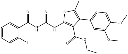 ethyl 4-(3,4-dimethoxyphenyl)-2-({[(2-iodobenzoyl)amino]carbothioyl}amino)-5-methyl-3-thiophenecarboxylate Struktur