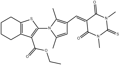 ethyl 2-{3-[(1,3-dimethyl-4,6-dioxo-2-thioxotetrahydro-5(2H)-pyrimidinylidene)methyl]-2,5-dimethyl-1H-pyrrol-1-yl}-4,5,6,7-tetrahydro-1-benzothiophene-3-carboxylate Struktur