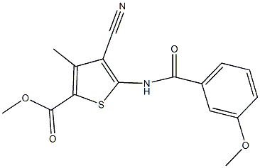 methyl 4-cyano-5-[(3-methoxybenzoyl)amino]-3-methyl-2-thiophenecarboxylate Struktur