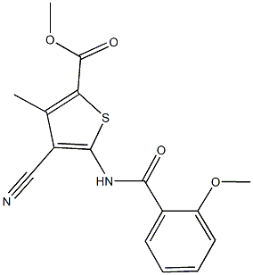 methyl 4-cyano-5-[(2-methoxybenzoyl)amino]-3-methyl-2-thiophenecarboxylate Struktur