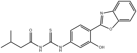 N-[4-(1,3-benzoxazol-2-yl)-3-hydroxyphenyl]-N'-(3-methylbutanoyl)thiourea Struktur