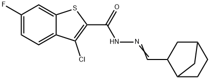 N'-(bicyclo[2.2.1]hept-2-ylmethylene)-3-chloro-6-fluoro-1-benzothiophene-2-carbohydrazide Struktur