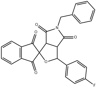 5-benzyl-1-(4-fluorophenyl)-3a,6a-dihydrosprio[1H-furo[3,4-c]pyrrole-3,2'-(1'H)-indene]-1',3',4,6(2'H,3H,5H)-tetrone Struktur