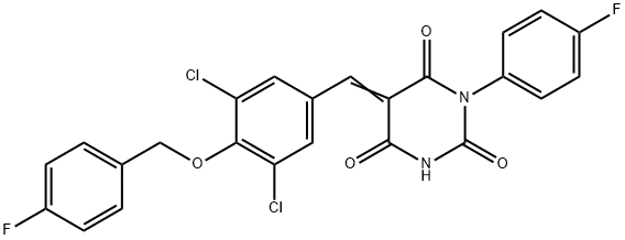 5-{3,5-dichloro-4-[(4-fluorobenzyl)oxy]benzylidene}-1-(4-fluorophenyl)-2,4,6(1H,3H,5H)-pyrimidinetrione Struktur