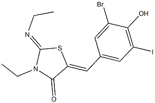 5-(3-bromo-4-hydroxy-5-iodobenzylidene)-3-ethyl-2-(ethylimino)-1,3-thiazolidin-4-one Struktur