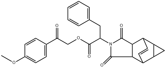 2-(4-methoxyphenyl)-2-oxoethyl 2-(3,5-dioxo-4-azatetracyclo[5.3.2.0~2,6~.0~8,10~]dodec-11-en-4-yl)-3-phenylpropanoate Struktur