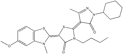 3-butyl-2-(1-cyclohexyl-3-methyl-5-oxo-1,5-dihydro-4H-pyrazol-4-ylidene)-5-(5-methoxy-3-methyl-1,3-benzothiazol-2(3H)-ylidene)-1,3-thiazolidin-4-one Struktur