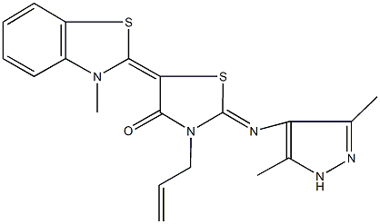 3-allyl-2-[(3,5-dimethyl-1H-pyrazol-4-yl)imino]-5-(3-methyl-1,3-benzothiazol-2(3H)-ylidene)-1,3-thiazolidin-4-one Struktur