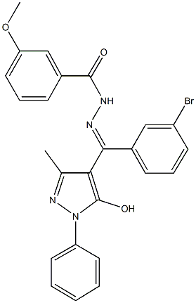 N'-[(3-bromophenyl)(5-hydroxy-3-methyl-1-phenyl-1H-pyrazol-4-yl)methylene]-3-methoxybenzohydrazide Struktur