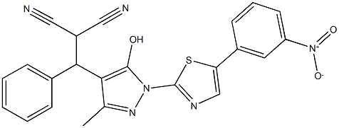 2-[{5-hydroxy-3-methyl-1-[5-(3-nitrophenyl)-1,3-thiazol-2-yl]-1H-pyrazol-4-yl}(phenyl)methyl]malononitrile Struktur