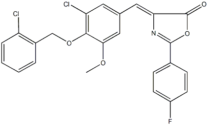 4-{3-chloro-4-[(2-chlorobenzyl)oxy]-5-methoxybenzylidene}-2-(4-fluorophenyl)-1,3-oxazol-5(4H)-one Struktur