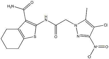 2-[({4-chloro-3-nitro-5-methyl-1H-pyrazol-1-yl}acetyl)amino]-4,5,6,7-tetrahydro-1-benzothiophene-3-carboxamide Struktur