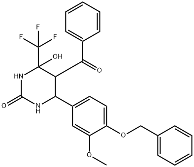 5-benzoyl-6-[4-(benzyloxy)-3-methoxyphenyl]-4-hydroxy-4-(trifluoromethyl)tetrahydropyrimidin-2(1H)-one Struktur