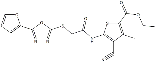 ethyl 4-cyano-5-[({[5-(2-furyl)-1,3,4-oxadiazol-2-yl]sulfanyl}acetyl)amino]-3-methyl-2-thiophenecarboxylate Struktur