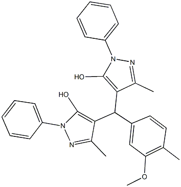 4-[(5-hydroxy-3-methyl-1-phenyl-1H-pyrazol-4-yl)(3-methoxy-4-methylphenyl)methyl]-3-methyl-1-phenyl-1H-pyrazol-5-ol Struktur