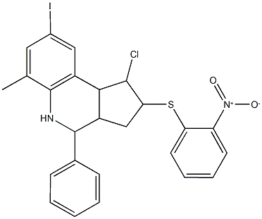 1-chloro-2-({2-nitrophenyl}sulfanyl)-8-iodo-6-methyl-4-phenyl-2,3,3a,4,5,9b-hexahydro-1H-cyclopenta[c]quinoline Struktur