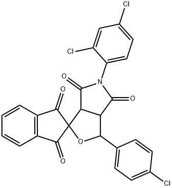 1-(4-chlorophenyl)-5-(2,4-dichlorophenyl)-3a,6a-dihydrosprio[1H-furo[3,4-c]pyrrole-3,2'-(1'H)-indene]-1',3',4,6(2'H,3H,5H)-tetrone Struktur