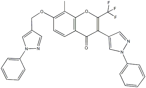 8-methyl-3-(1-phenyl-1H-pyrazol-4-yl)-7-[(1-phenyl-1H-pyrazol-4-yl)methoxy]-2-(trifluoromethyl)-4H-chromen-4-one Struktur