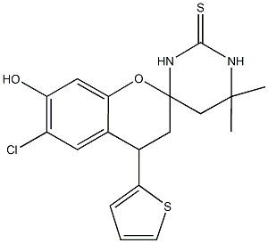 6-chloro-4',4'-dimethyl-7-hydroxy-1',3',5',6'-tetrahydro-4-thien-2-ylspiro[chromane-2,6'-pyrimidine]-2'(1'H)-thione Struktur