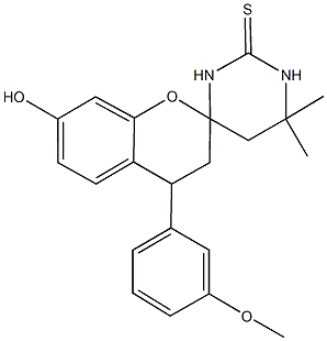 4',4'-dimethyl-4-(3-methoxyphenyl)-7-hydroxy-1',3',5',6'-tetrahydrospiro[chromane-2,6'-pyrimidine]-2'(1'H)-thione Struktur