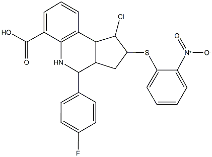 1-chloro-4-(4-fluorophenyl)-2-({2-nitrophenyl}sulfanyl)-2,3,3a,4,5,9b-hexahydro-1H-cyclopenta[c]quinoline-6-carboxylic acid Struktur