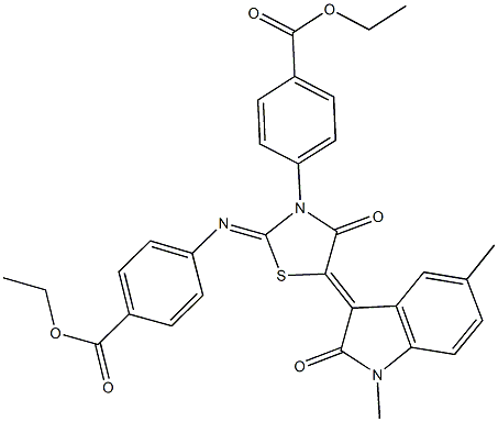 ethyl 4-(5-(1,5-dimethyl-2-oxo-1,2-dihydro-3H-indol-3-ylidene)-2-{[4-(ethoxycarbonyl)phenyl]imino}-4-oxo-1,3-thiazolidin-3-yl)benzoate Struktur