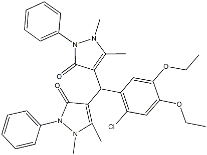 4-[(2-chloro-4,5-diethoxyphenyl)(1,5-dimethyl-3-oxo-2-phenyl-2,3-dihydro-1H-pyrazol-4-yl)methyl]-1,5-dimethyl-2-phenyl-1,2-dihydro-3H-pyrazol-3-one Struktur