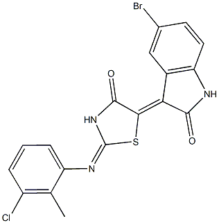 5-bromo-3-{2-[(3-chloro-2-methylphenyl)imino]-4-oxo-1,3-thiazolidin-5-ylidene}-1,3-dihydro-2H-indol-2-one Struktur